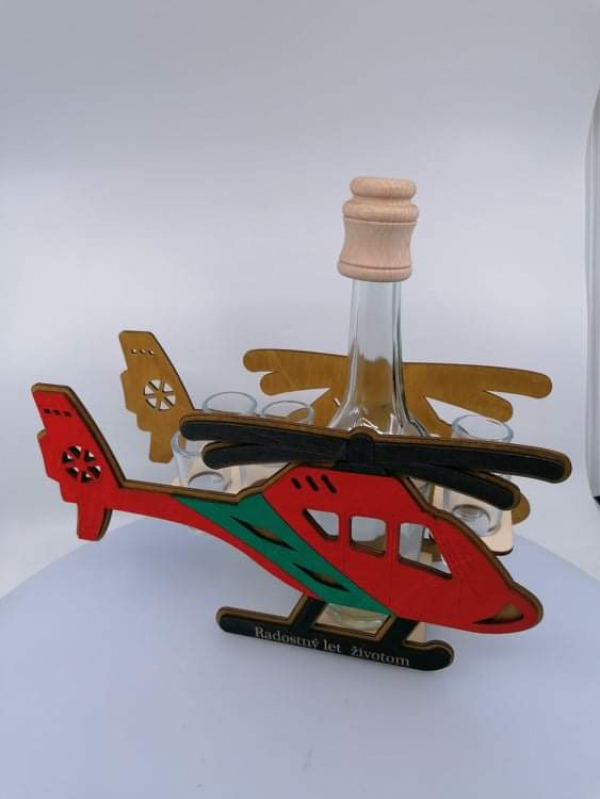 Dekoračná fľaša s pohárikmi, HELIKOPTÉRA, 30x31x11 cm