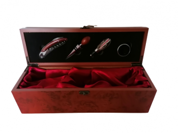 Drevená krabička na víno s výbavou, hnedočervená, 12x11x36 cm