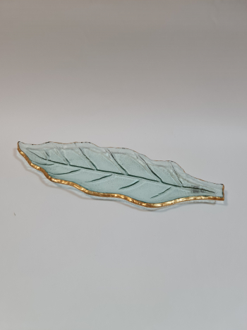 Sklenený tanier, list, so zlatým okrajom, 41,5x15x2,5 cm