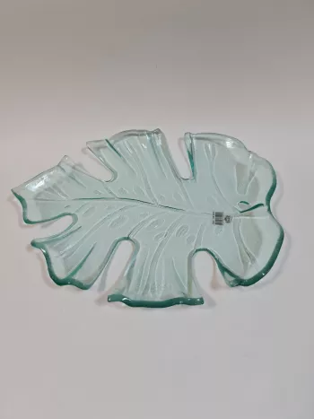 Sklenený tanier, list, bezfarebný, 36x29x4 cm