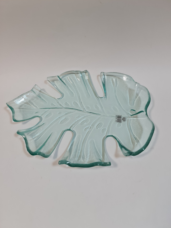 Sklenený tanier, list, bezfarebný, 36x29x4 cm