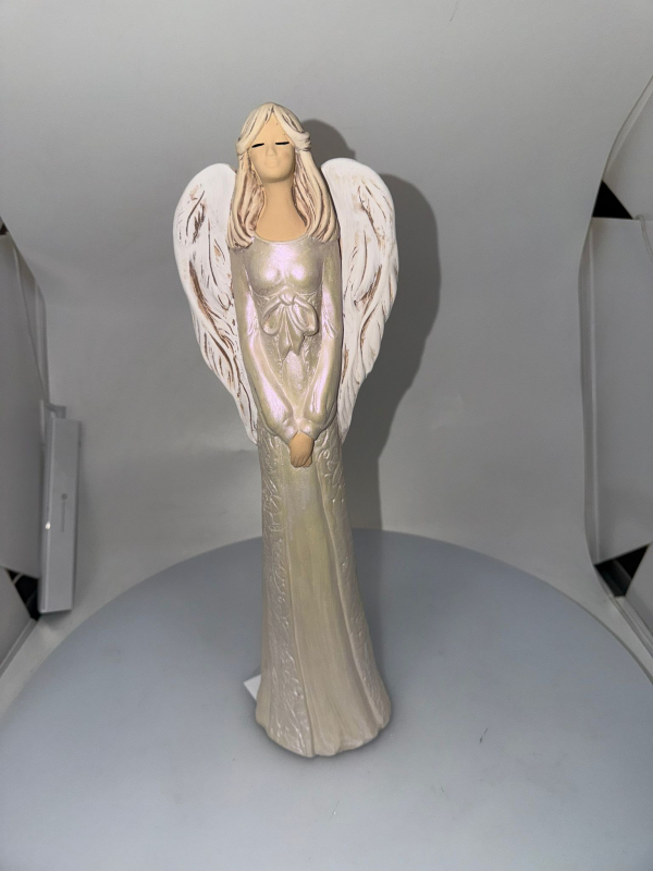 Dekoračný sadrový anjel HANNA, biela perleť, 40x13 cm