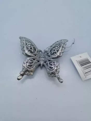 Vianočná závesná ozdoba Motýľ, strieborná, 3x9x9 cm