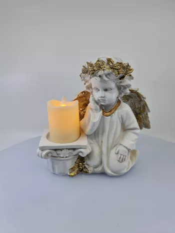 Dekoračný svietiaci anjel, sivo-zlatý, so sviečkou, 18x18x8 cm