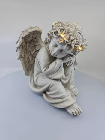 Dekoračný svietiaci anjel spiaci, sivý, 23x27x20 cm