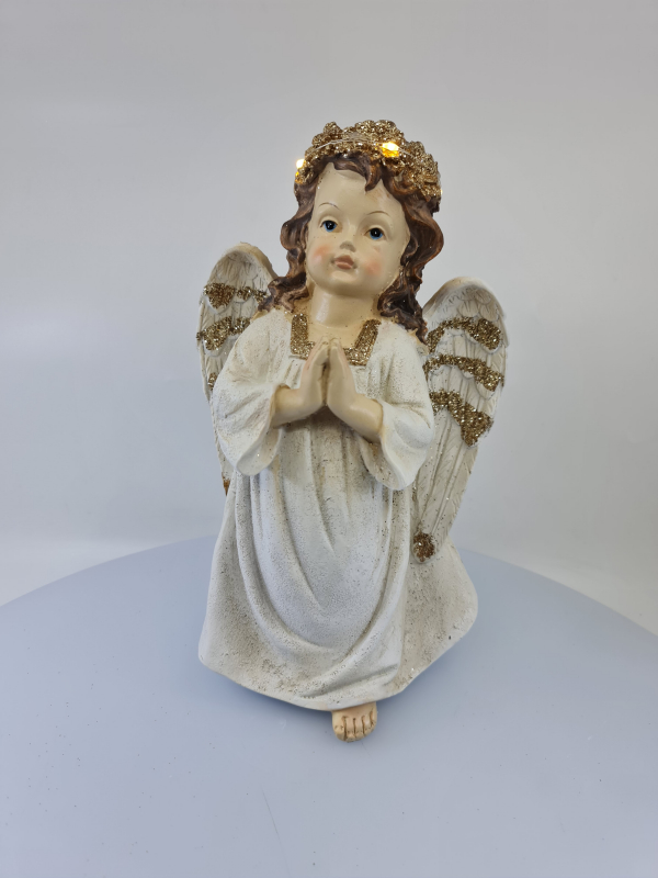Dekoračný svietiaci anjel modliaci, bielo-hnedý, 22x17 cm