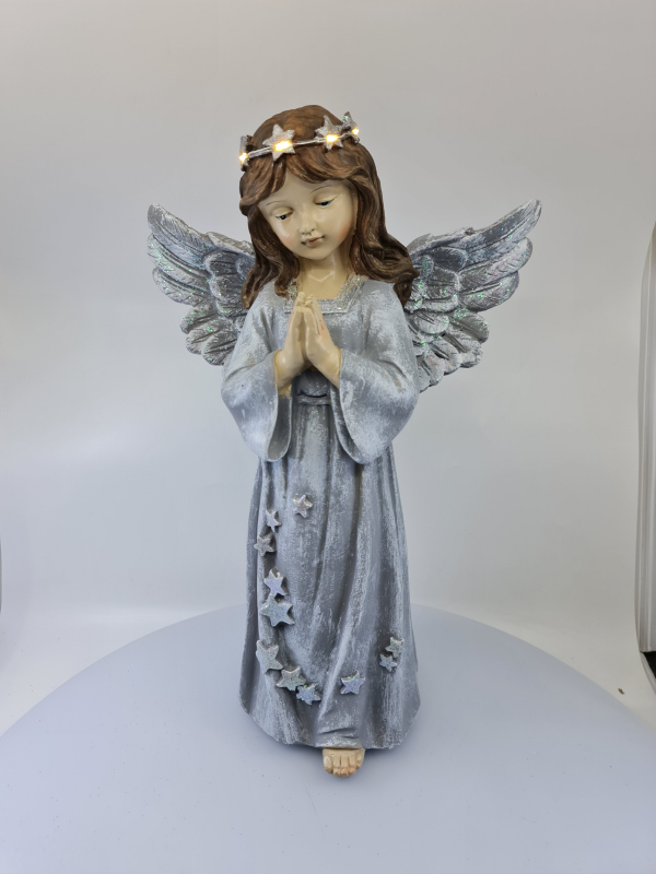 Dekoračný svietiaci anjel modliaci, modro-sivý, 40x26 cm