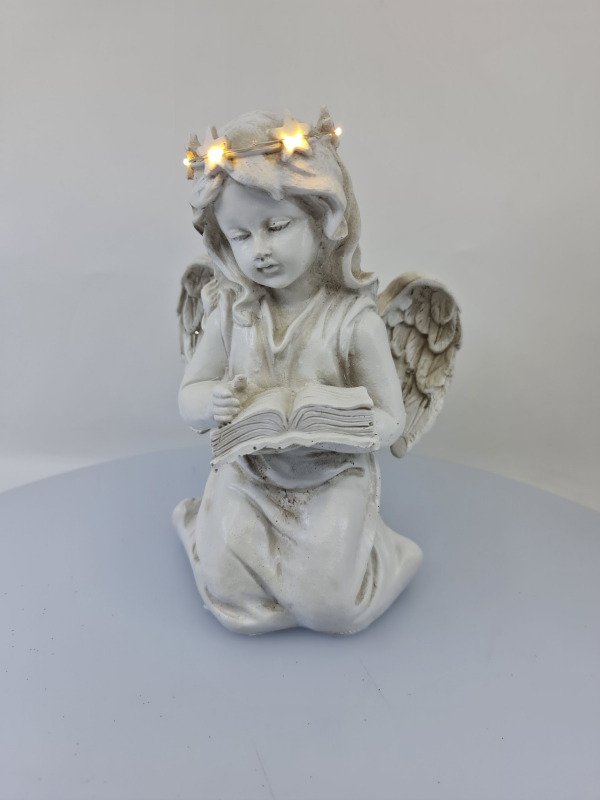 Dekoračný svietiaci anjel s knihou, sivý, 19x14 cm