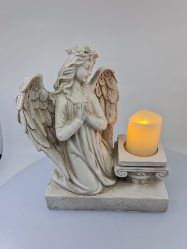 Dekoračný svietiaci anjel, sivý, so sviečkou, 24x19x11 cm
