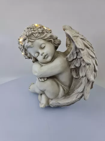 Dekoračný svietiaci anjel spiaci, sivý, 20x17x20 cm