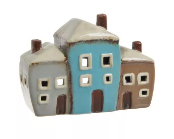 Keramický domček na sviečku, sivo-modro-hnedý, 13,5x17,5x8 cm