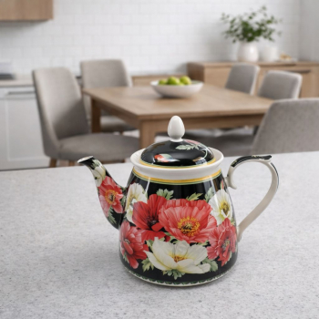 Čajník, čierny s kvetmi, 23x27,5cm