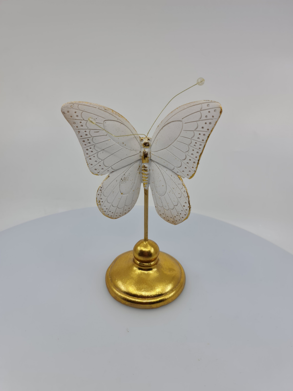 Dekorácia, motýľ, bielo - zlatá, 12x9x23 cm