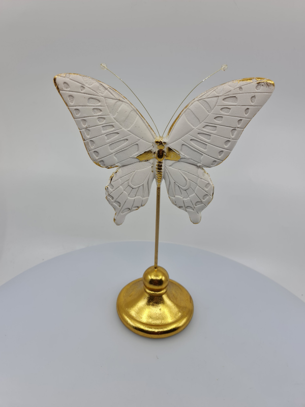 Dekorácia, motýľ, bielo - zlatá, 19x11x32 cm