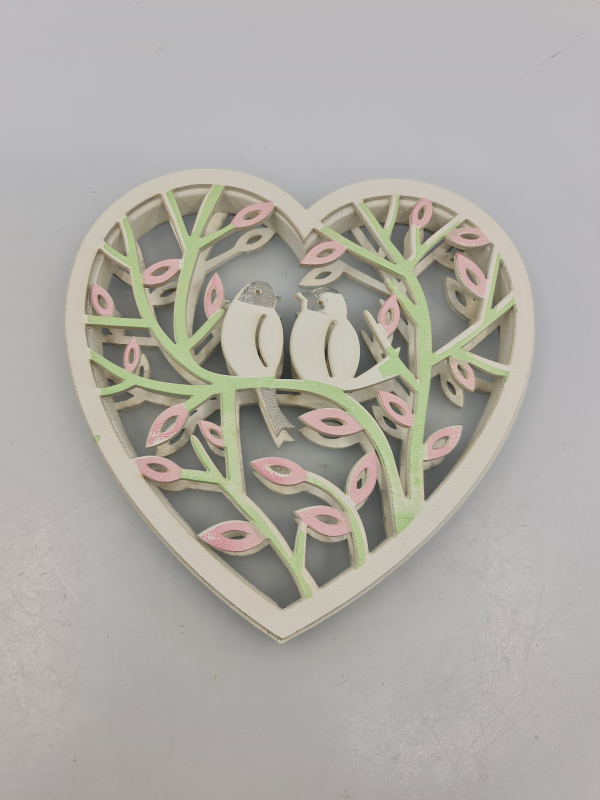 Ozdoba srdce s vtáčikmi, hnedozelená, 16 cm