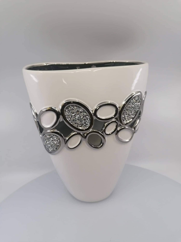 Biela keramická váza so strieborným dekorom, 28x23x11 cm