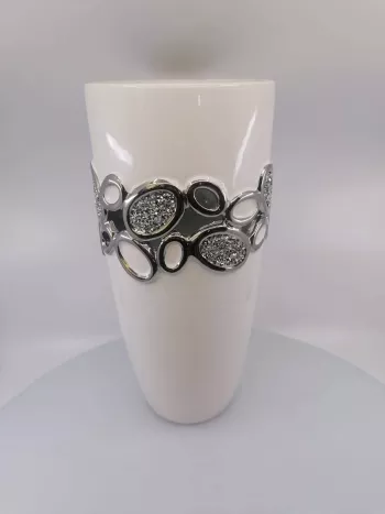 Biela keramická váza so strieborným dekorom, 33x16 cm