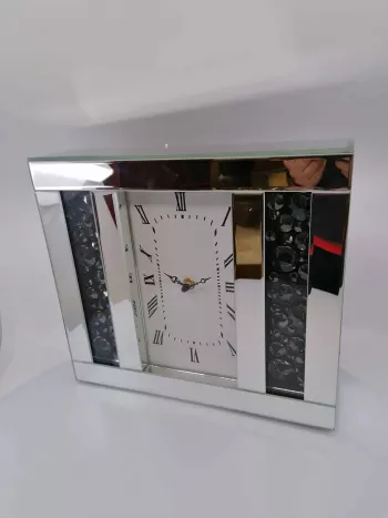 Stolové hodiny, štýl GLAMOUR, strieborné, zrkadlové, 31x8x27 cm