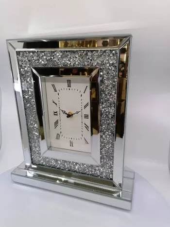 Stolové hodiny, štýl GLAMOUR, strieborné, s kamienkami, 37x32x10 cm