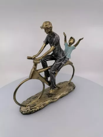 Figúrka bicykel otec s dieťaťom, zlatá, 25x25x7 cm