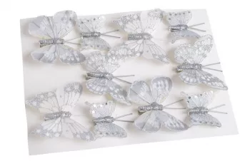 Ozdobné vianočné motýliky so štipcom, svetlosivé zdobené, 10 ks v balení