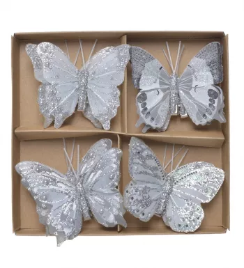 Ozdobné vianočné motýliky so štipcom, svetlosivé zdobené, 8 ks v balení
