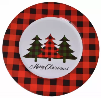 Vianočný tanier so stromčekmi, červenočierny, plastový, 33x1,5 cm
