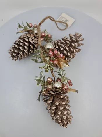 Vianočné závesné šišky, hnedé, zdobené, 44x14x7 cm