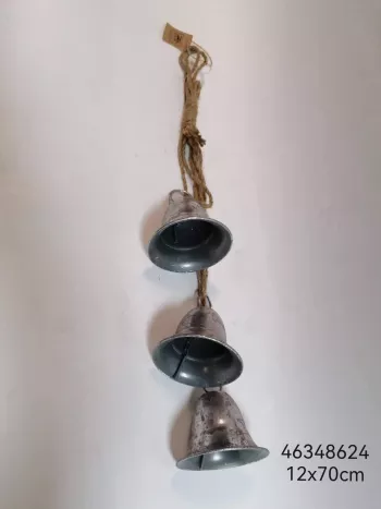 Dekoračná kovový zvon, 3 zvony na zväzku, strieborné, 12x12x70 cm