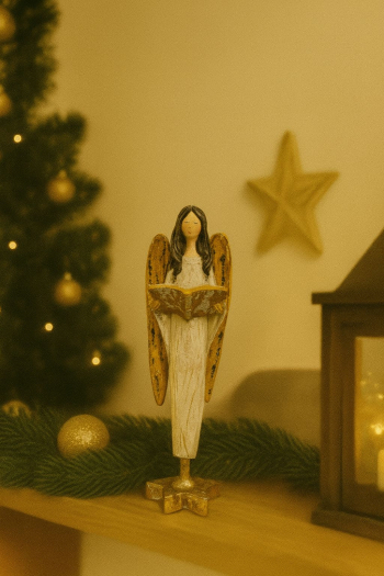 Dekoračná soška anjela s knihou, svetlá, 40 cm