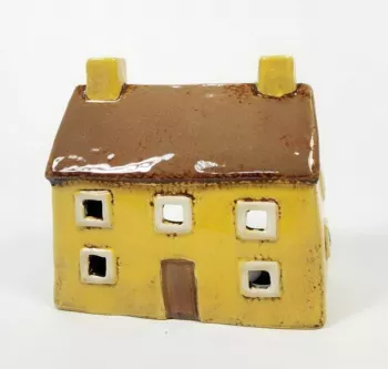 Keramický domček - svietnik, žltohnedý, 11x12x6 cm