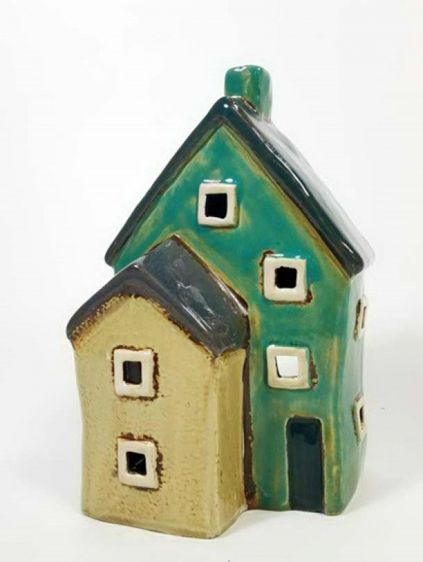 Keramický domček - svietnik, zelený - krémový, 16x10x8 cm