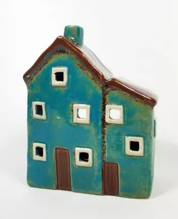 Keramický domček - svietnik, modro - hnedý, 14x12x6 cm