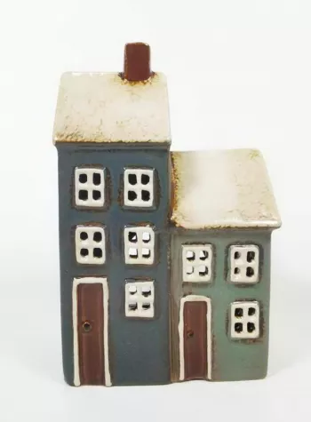 Keramický domček - svietnik, tmavomodrý, 17x11x7 cm