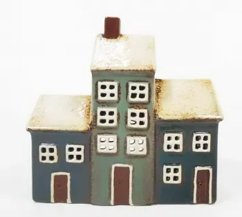 Keramický domček - svietnik, tmavomodrý - biely, 16x16x6 cm