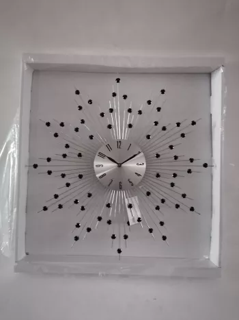 Nástenné strieborné hodiny s čiernymi kryštálikmi 50cm