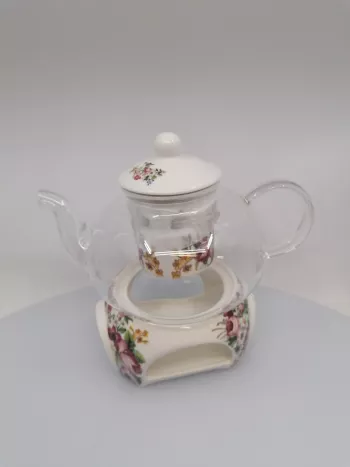 Sklenený čajník s porcelánovým kvetinovým ohrievadlom