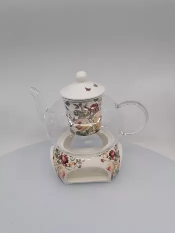 Sklenený čajník s keramickým ružičkovým ohrievadlom