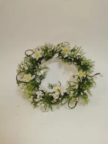 Jarný veniec s bielymi kvetmi, zelený, 27 cm