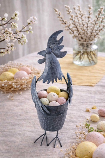 Plechový dekoračný kohút s úložným priestorom, tmavý - modrý, 44 cm