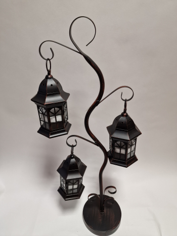 Lampáš, čierny - medený, tvar stromu, 3 závesné lampášiky, 90 cm