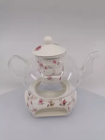 Sklenený čajník s porcelánovým ohrievadlom na motív drobných kvetín