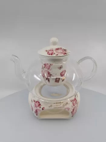 Sklenený čajník s porcelánovým ohrievadlom na motív ruží