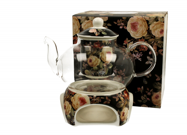 Sklenený čajník s porcelánovým ohrievadlom na motív ruží na čiernom podklade