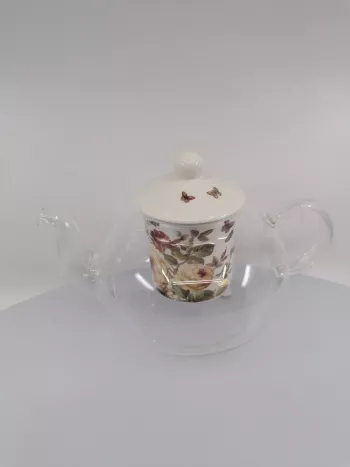 Sklenený čajník s porcelánovým filtrom,   Ruže