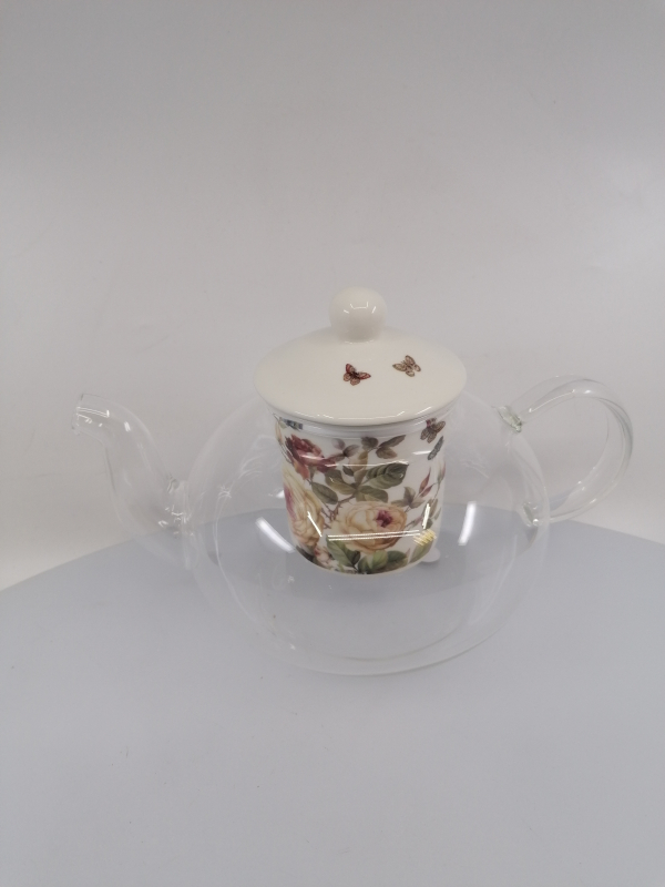 Sklenený čajník s porcelánovým filtrom,   Ruže