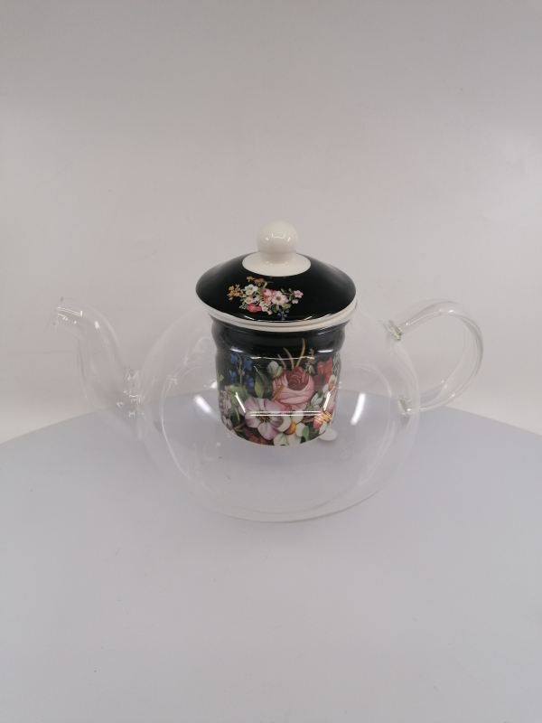 Sklenený čajník s porcelánovým čiernym filtrom, kvetiny