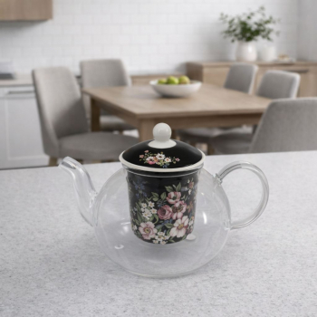 Sklenený čajník s porcelánovým čiernym filtrom, kvetiny