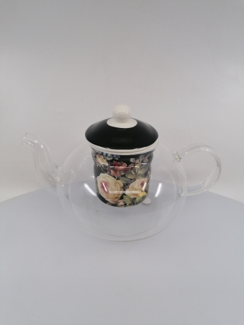 Sklenený čajník s porcelánovým čiernym filtrom, ruže