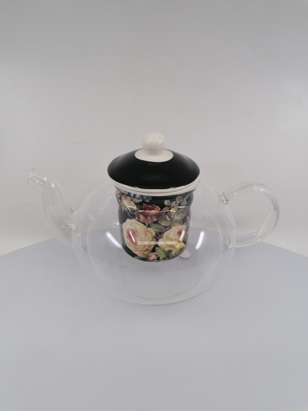 Sklenený čajník s porcelánovým čiernym filtrom, ruže
